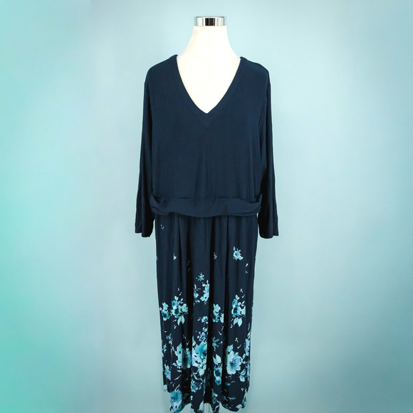 J. Jill Plus Size 2X Blue Wearever Floral Print V Neck Long Sleeve Midi Dress - Picture 1 of 7